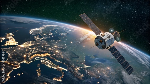 Wallpaper Mural A satellite orbits the Earth, its panels shine as it looks down upon the bright city lights below. Torontodigital.ca