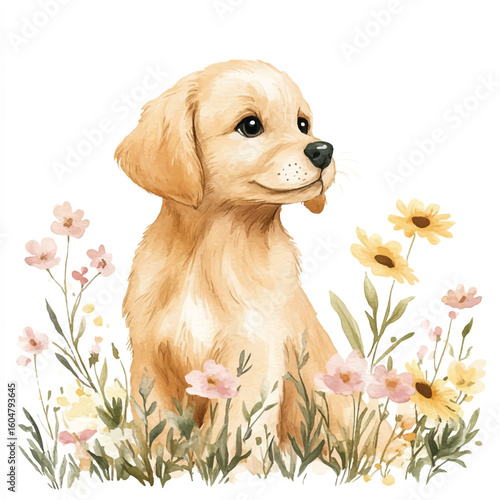 Watercolor Golden Retriever Puppy Portrait with Floral Accents