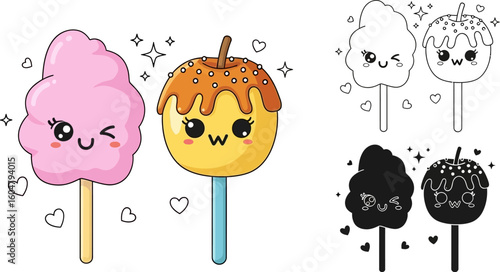 Kawaii cotton candy and caramel apple vector illustration cute sweet treats