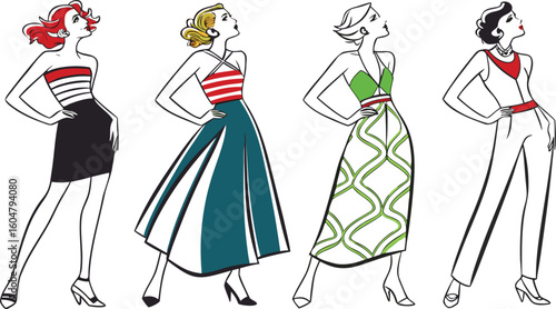 Stylish fashion models. Pretty young girls. Fashion girls Sketch. fashion vector illustration featuring five stylish female models posing confidently in different modern dresses.
