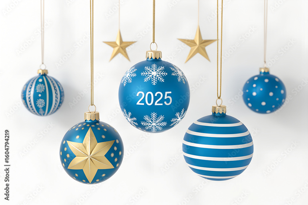 New Year 2025 greeting with hanging blue Christmas ornaments New Year 2025 greeting with hanging blue Christmas ornaments