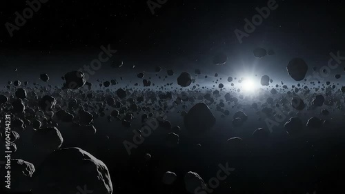 Celestial Orbit: A stunning panoramic view showcasing an asteroid belt orbiting a luminous star, creating a sense of vastness and mystery.