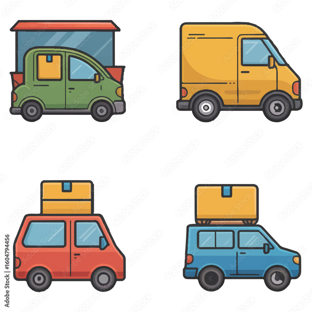 Fototapeta premium A colorful assortment of delivery vehicles, including vans and trucks, symbolizing shipping, logistics, and transportation services
