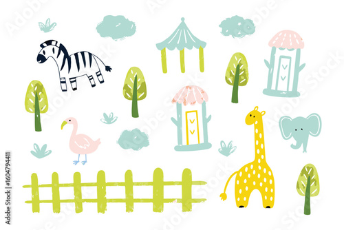 Whimsical Zoo Illustration: A vibrant illustration showcases a charming zoo scene, featuring playful cartoon animals, adorable trees, inviting shelters and playful clouds. 