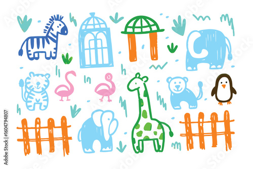 Joyful Zoo Collection: This illustration captures a lively zoo scene in a child-friendly style, filled with diverse animals, cages, and whimsical elements, perfect for inspiring creativity.