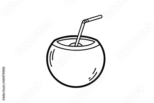 Coconut Water With Straw Cartoon Flat Style