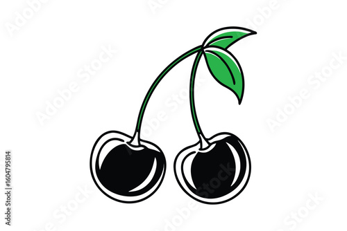 Cherries Pair With Green Stem Minimal Illustration