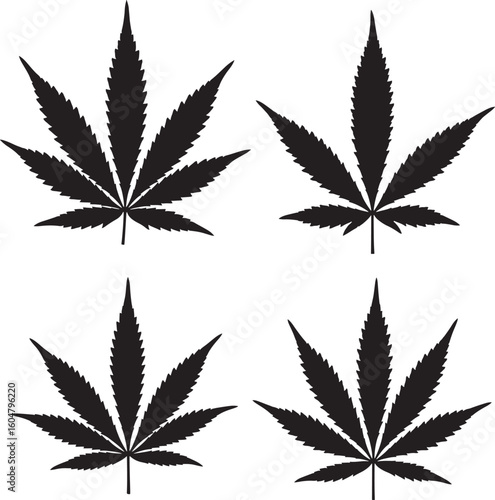Four black marijuana leaf silhouettes on white background