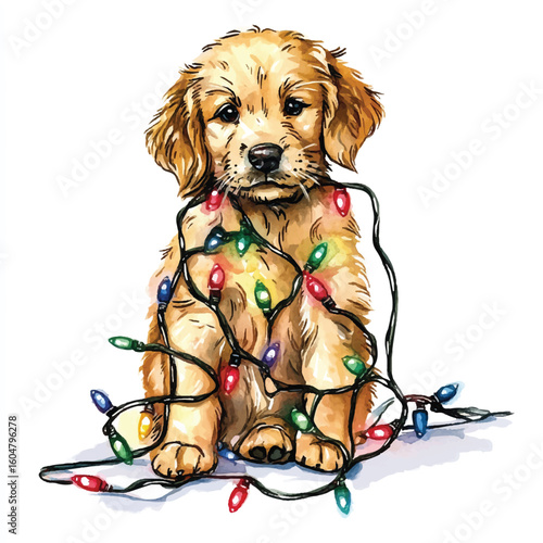 Watercolor Golden Retriever Puppy Tangled in Festive Christmas Lights