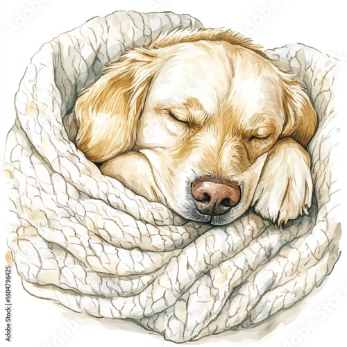 Watercolor Golden Retriever Puppy Snuggled in a Creamy Knitted Blanket