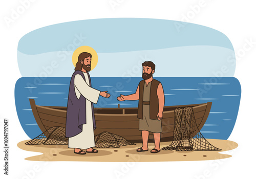 Jesus Christ and a Fisherman with Boat and Nets on the Beach.
