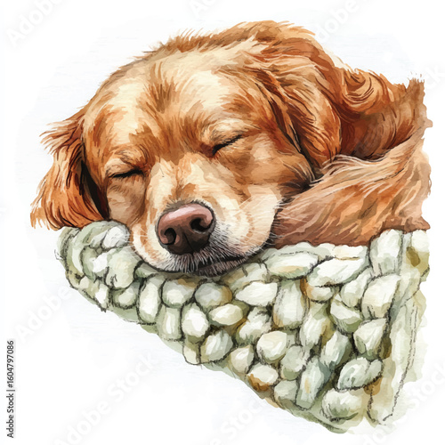 Watercolor Golden Retriever Sleeping Peacefully on a Knitted Blanket