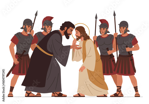 Jesus and Judas: Biblical Scene Depicting Betrayal and Arrest Flat Illustration.