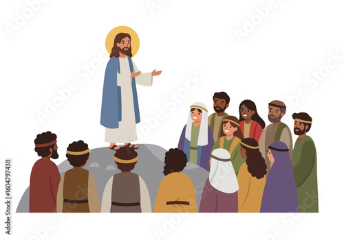 Jesus Christ long brown hair and beard blue robe preaching to a diverse group of people.