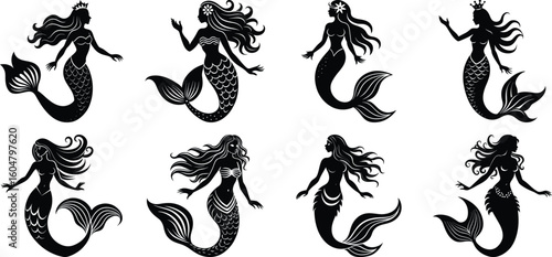 Collection of Beautiful Mermaid Silhouettes on White Background