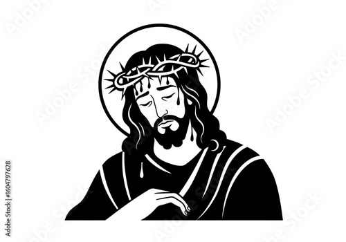 Weeping Jesus Christ Crown of Thorns Black and White Illustration.