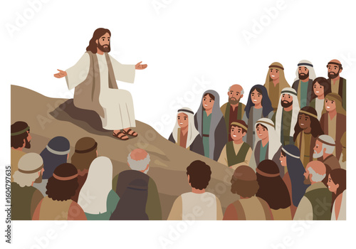 Jesus Christ Sermon to a Large Crowd in Simple Style.