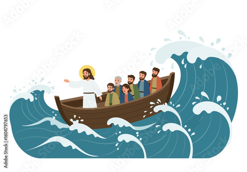 Jesus Calming the Storm: Cartoon Illustration of Boat and Disciples.