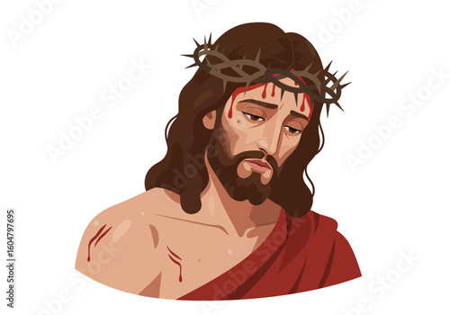 Illustration of Jesus Christ with Crown of Thorns Suffering.