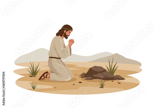 Kneeling Figure in Prayer with Long Hair and Beard Desert Scene.