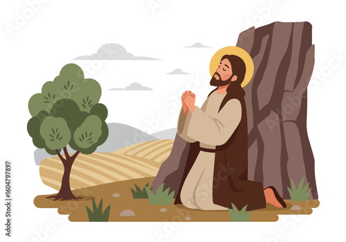 Jesus Christ Praying with Halo Kneeling Beside Rock Formation.