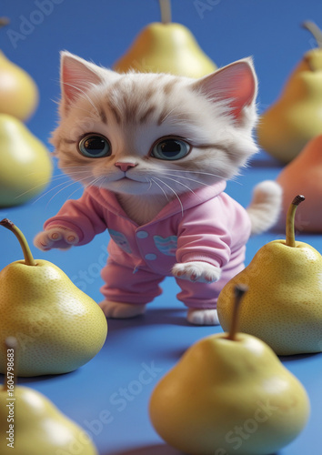 small feline, fluffy kitten, cartoon-style cat, big eyes, sweet expression, domestic cat, 