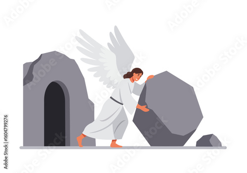 Angel Rolling Stone Away from Tomb White Wings Brown Hair Robe.