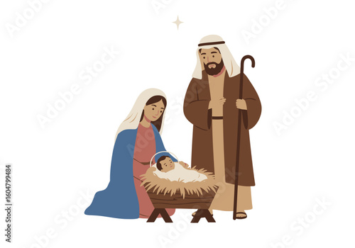 Nativity Scene: Mary Joseph and Baby Jesus in a Manger.