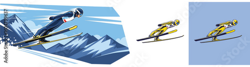 Alpine Winter Sports Vector Set Ski Jump, Freestyle Skiing, Snowboarding & Downhill Racing in Mountain Landscape – Transparent PNG Action Scene