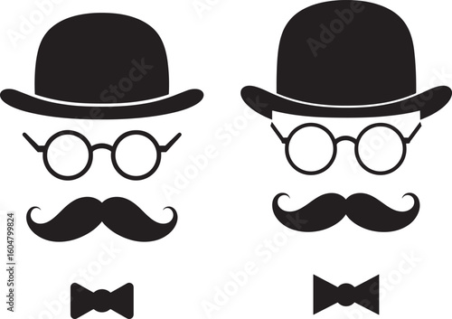 Two gentleman faces silhouette with hats glasses and mustaches