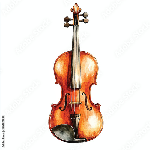 Watercolor Illustration of a Detailed Classic Violin with Strings and Fholes