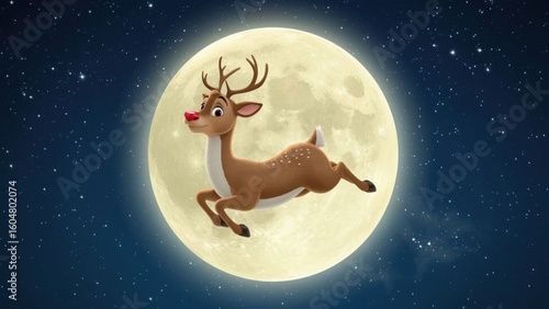 A cartoon reindeer with a red nose flying in front of a large moon in a starry night sky scene