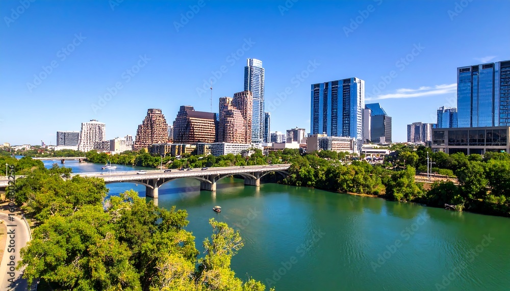 Obraz premium Panoramic city view with a river and bridge