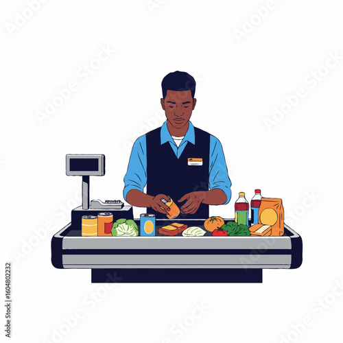 A professional cashier scanning and checking a customer’s shopping quickly and efficiently at the checkout counter. Perfect for retail, grocery, and customer service concepts.