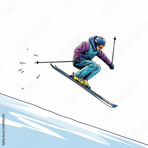 A professional skier performing a high jump trick in mid-air, showing an impressive stunt for hobby or extreme winter sport. Perfect for posters, books, and online articles