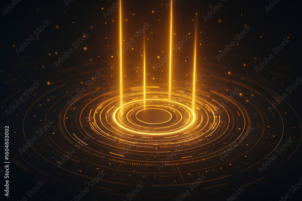 Fototapeta premium Golden Energy Beams Emanating From Circular Digital Interface technology futuristic