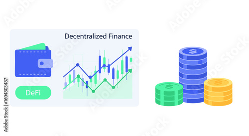 A modern digital illustration showcasing decentralized finance concepts with a crypto wallet, a rising financial graph, and stacks of colorful digital coins.