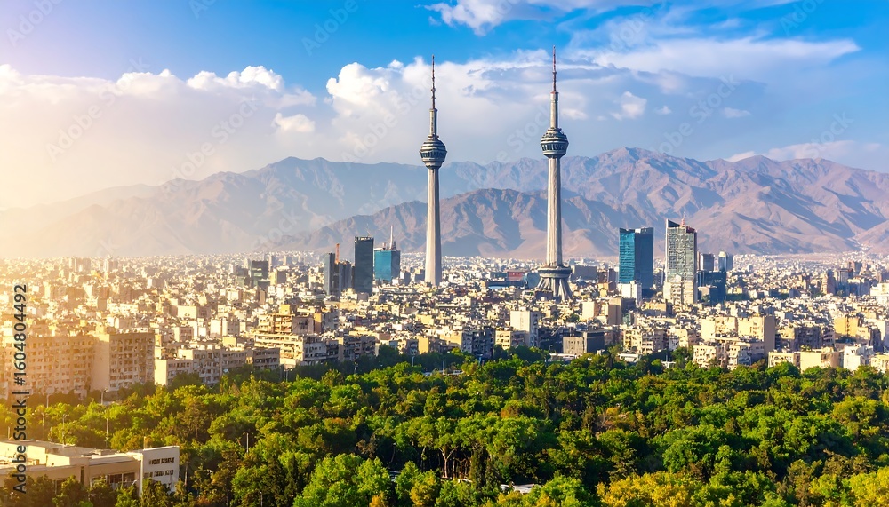 Fototapeta premium Panoramic city view with twin towers and mountains