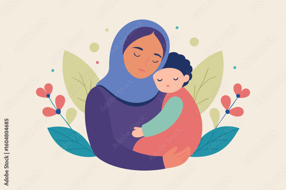 A serene muslim mother in hijab holding her child with flowers illustration A serene muslim mother in hijab holding her child with flowers illustration