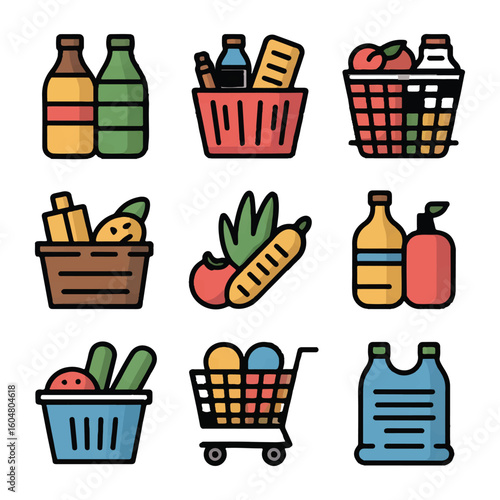 A vibrant collection of grocery items, featuring fresh produce, drinks, and shopping essentials