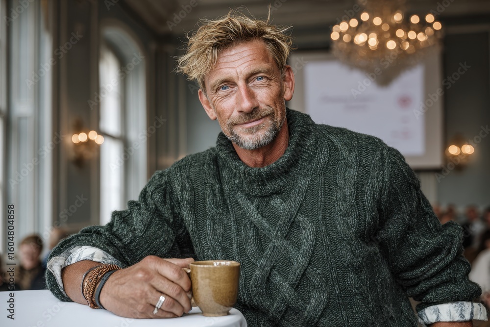 Stylish mature man with blond hair, wearing a green cable knit sweater, posing and drinking coffee during a business meeting indoors, exuding a confident and relaxed demeanor. Stylish mature man with blond hair, wearing a green cable knit sweater, posing and drinking coffee during a business meeting indoors, exuding a confident and relaxed demeanor.