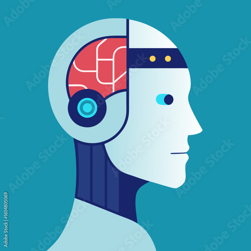 Stylized robot head profile with visible internal brain and circuits