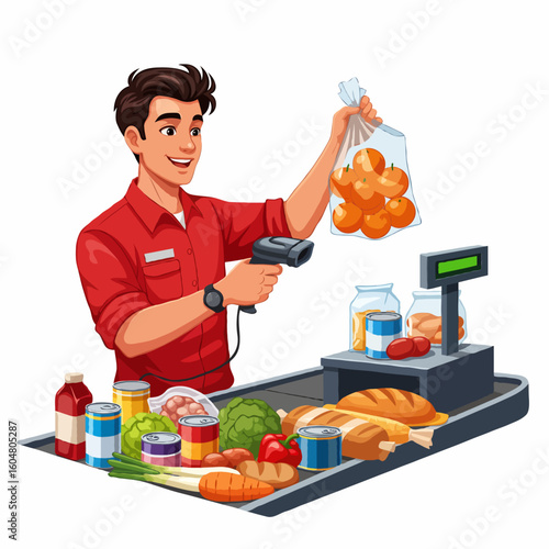 A professional cashier scanning and checking a customer’s shopping quickly and efficiently at the checkout counter. Perfect for retail, grocery, and customer service concepts.