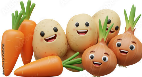 Happy Vegetables Cartoon Group Carrots Potatoes Onions Smiling Together