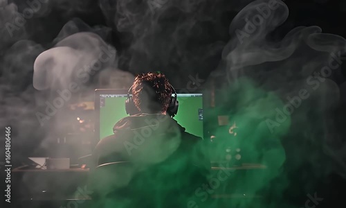 Person Sitting at Desk Surrounded by Green Smoke with Headphone and Computer Monitor in Dim Lighting