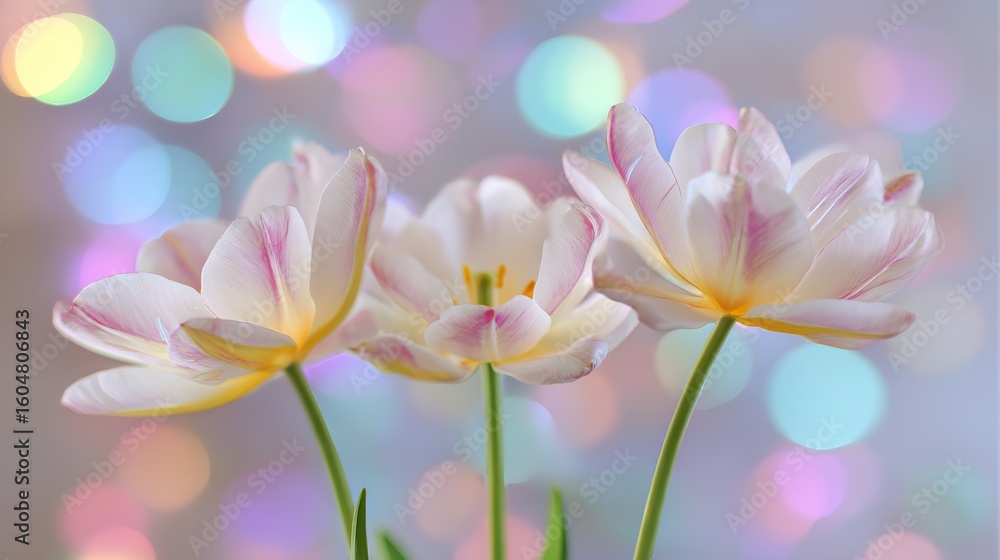 Fototapeta premium Three delicate bouquets of white flowers with pink and yellow edges, petals as elegant as daisies or tulips, creating a soft contrast with bokeh for tranquility on birthdays or Valentine's Day.