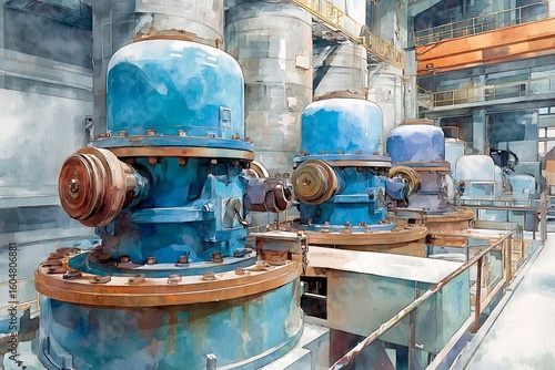 Industrial Watercolor Painting: Blue Factory Machinery, Vintage Style, Serene Mood