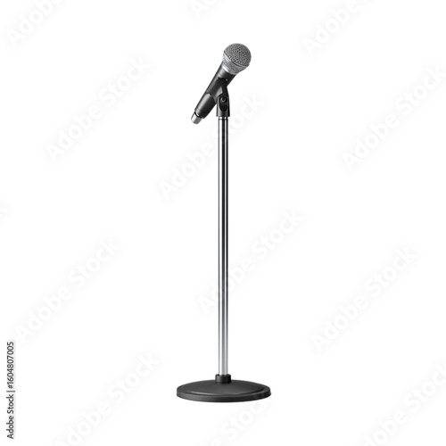 High-resolution image of a standalone mic stand, perfectly centered, isolated on transparent background.