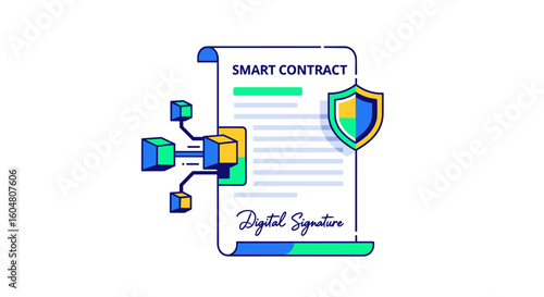 An illustration depicts a smart contract with a digital signature, secured by blockchain technology and a shield, symbolizing secure and automated agreement execution.