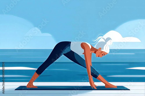 Motion video of woman with white hair tied back in a casual bun. Full-length portrait practicing yoga pose